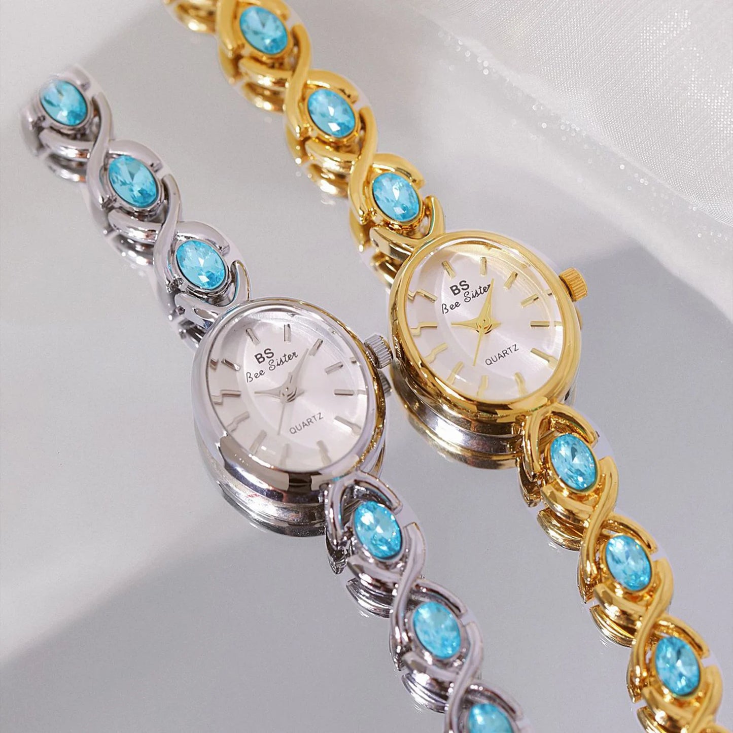 luckacco blue jewel oval bracelet watch luxury crystal quartz watches for woman vintage gold silver jade wristwatch gifts for women