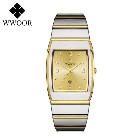 Luckacco Relogio Masculino WWOOR New Man's Square Watch For Men with Automatic Date Luxury Stainless Steel Gold Mens Quartz Wrist Watches