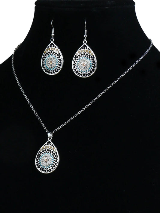 Luckacco Ethnic Feng Shui Droplet Hollow Colored Glazed Earrings for Women Bohemian Vacation Short Necklace Jewelry Set