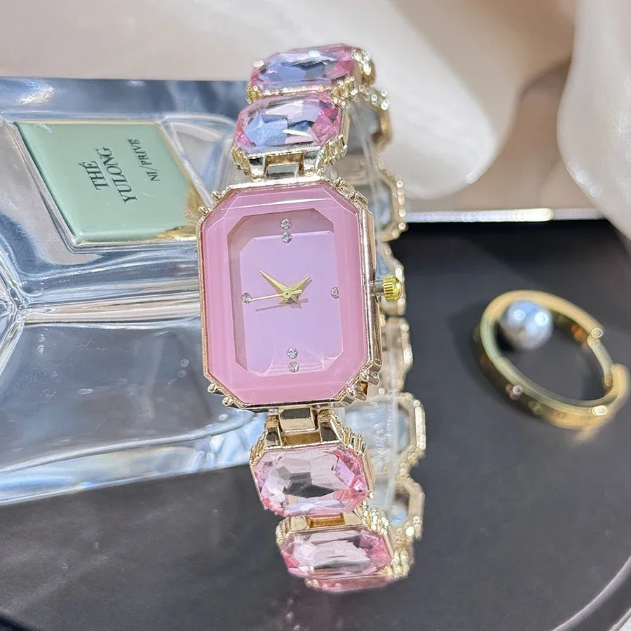 luckacco fashion women square quartz wristwatches luxury stainless steel water diamond quartz movement bracelet clock ladies watches