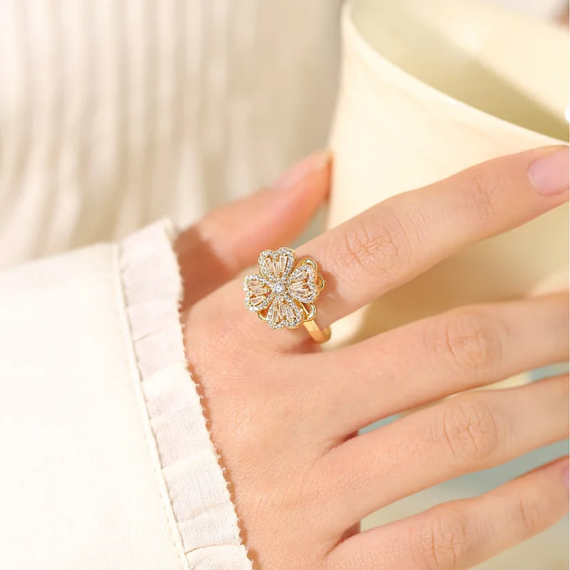 luckacco luxury zircon four-leaf clover rotating ring lucky transfer jewelry gift for children tik tok same style for women for friends