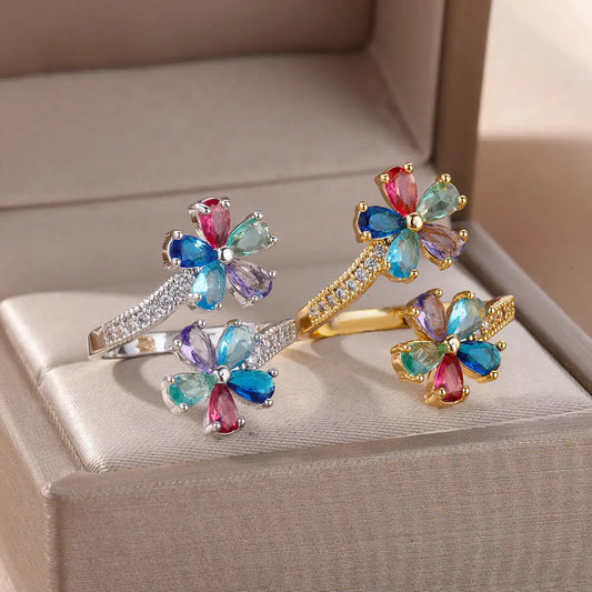 Luckacco 2025 Fashion Colorful Zircon Flower Rings For Women Gold Color Stainless Steel Finger Ring Trend Luxury Boho Aesthetic Jewelry
