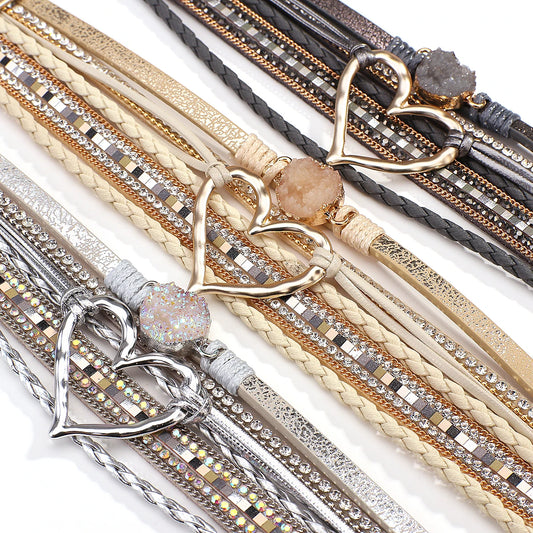 Luckacco Amorcome Fashion Braided Leather Wrap Bracelets Bangles Multilayer Resin Stone Hollow Heart Charm Bracelets Women Gift Pulseira