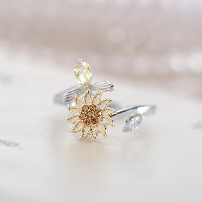 luckacco titanium stainless steel ring for women rotate rotating anxiety fidget adjustable rings silver color jewelry lovely flower bee