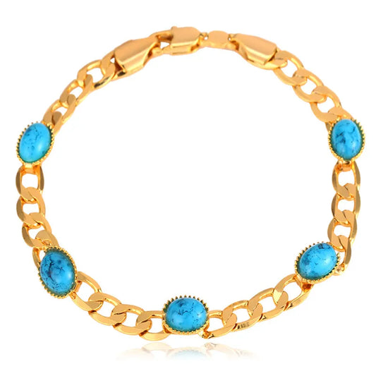Luckacco U7 Gold Color Oval Horse Eyes Round Blue Turquoise Stone Beaded Chain Bracelets for Women Boho Jewelry Gift for Her QC