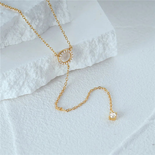 Luckacco S925 Sterling Silver Double-Deck Circle Zircon Pendant Long O-Chain Choker Necklace 2024 Spring Women Wedding Fine Jewelry