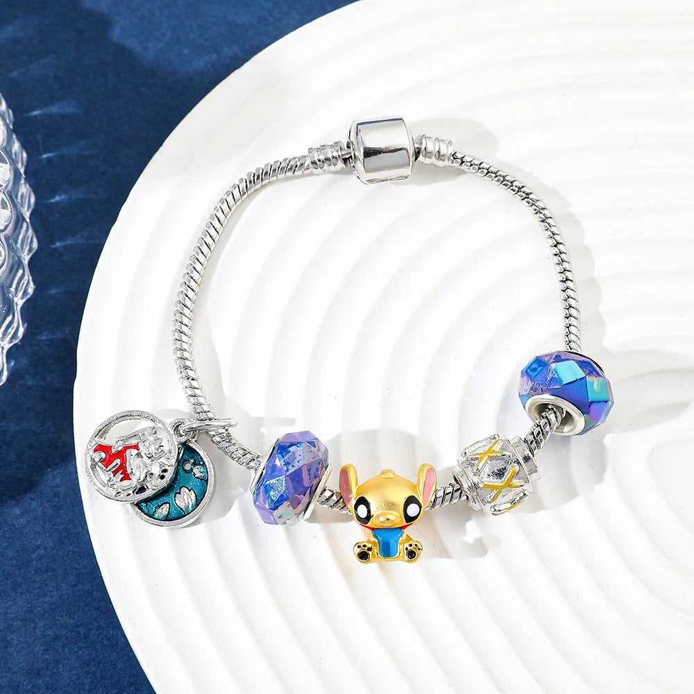 luckacco disney beaded bracelet lilo and stitch cartoon cute metal charms bangle diy beads chain jewelry gifts accessories for women kids