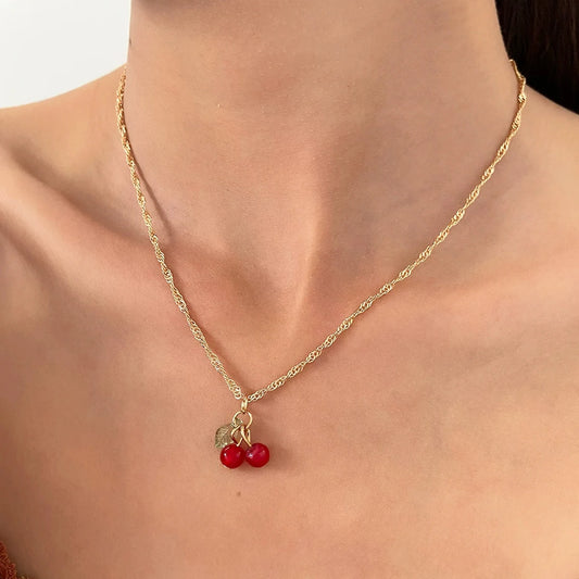 Luckacco Chic Red Cherry Necklace Dangle Earring Set Gold Color Chian Cute Pendant Charming 2 PCS Jewelry Set For Women