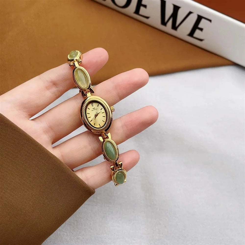 luckacco women's gold watch vintage brown jade bracelet small dial quartz daily wear party clock luxury waterproof ladies watches gifts