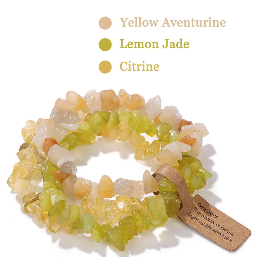 luckacco 3pcs natural chip stone bracelet set irregular fluorite quartzs stretch bracelet with tag healing jewelry gifts for women men