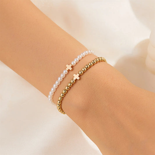 Luckacco Double Layer Minimalist Love Heart Gold Color Imitation Pearl Beaded Bracelets For Women Men Retro Cross Star Bangles Jewelry