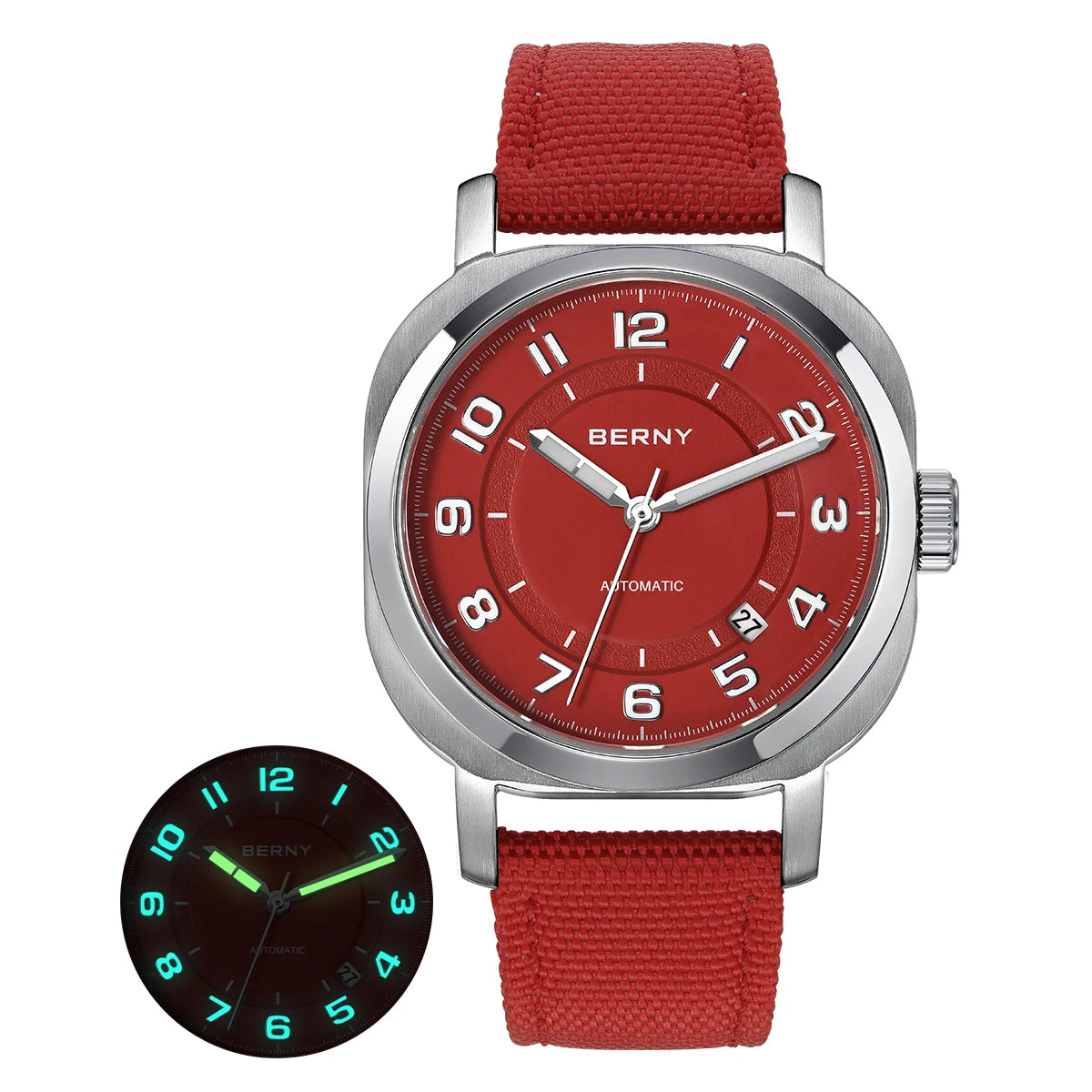 luckacco berny mechanical watch for women self-wind pillow cushion sapphire super luminous wristwatch canvas calendar watch for ladies