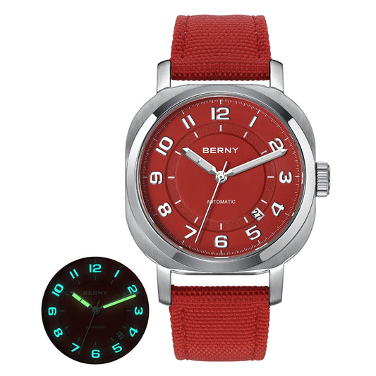 Luckacco BERNY Mechanical Watch for Women Self-wind Pillow Cushion Sapphire Super Luminous Wristwatch Canvas Calendar Watch for Ladies