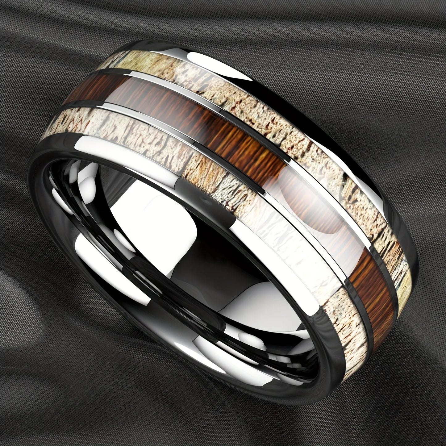 luckacco fashion 8mm men stainless steel rings inlay meteorite abalone shell rings for men women wedding engagement band jewelry gift
