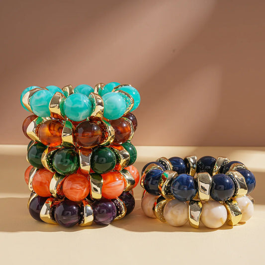 Luckacco 7 Styles Trendy Splicing Acrylic Round Beads Bracelets Bohemian Thick Irregular Resin Elastic Bangles Retro Jewelry for Women F