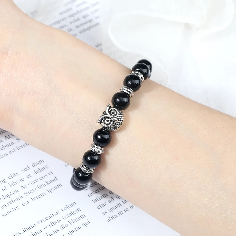 luckacco vintage owl charm bracelets & bangles for men women natural lava stone malachite beads couple bracelets friendship jewelry gifts