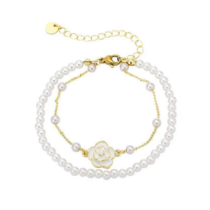 Luckacco Vintage White Camellia Flower Bracelets For Women Elegant Double Layer Simulated Pearl Beads Chain Bracelet Jewelry 2025 Trend