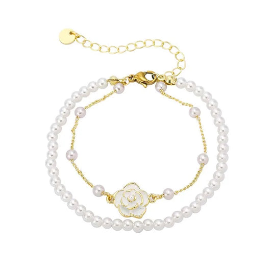 Luckacco Vintage White Camellia Flower Bracelets For Women Elegant Double Layer Simulated Pearl Beads Chain Bracelet Jewelry 2025 Trend