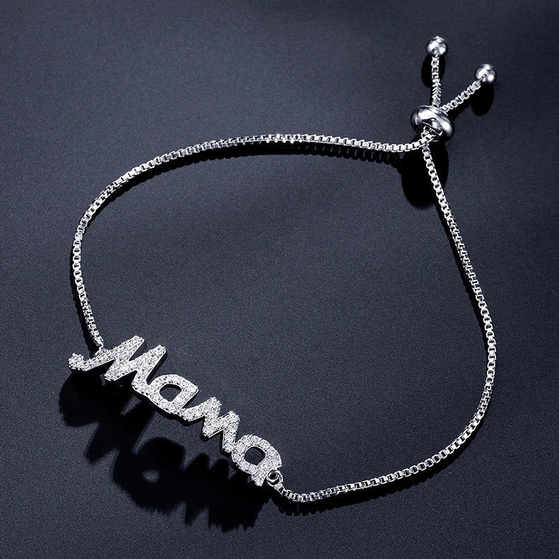 luckacco exquisite mama letter bracelet for women sparkling crystal zircon adjustable chain bangle mother's day mom birthday jewelry gift