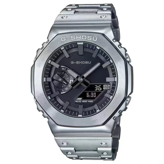 Luckacco Digital Sports Electronic Unisex Watch Full Function LED Alloy Large Dial World Time Steel Strap GMB Oak Series