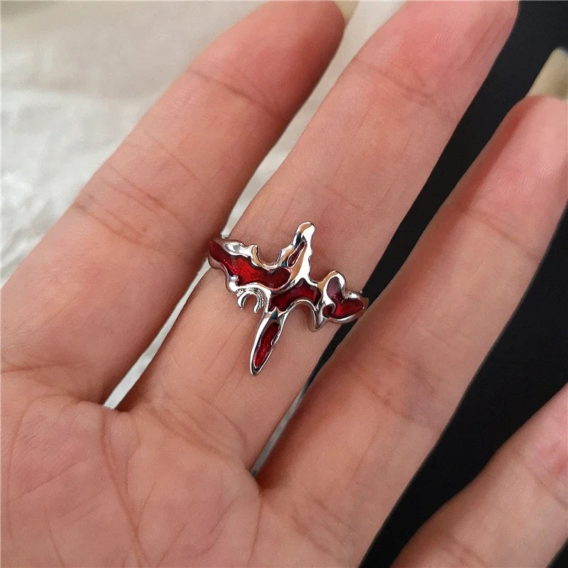 luckacco goth punk retro red crystal love heart cross geometry irregular open ring set y2k halloween accessories for women kpop jewelry