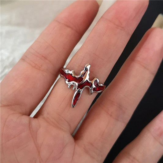Luckacco Goth Punk Retro Red Crystal Love Heart Cross Geometry Irregular Open Ring Set Y2K Halloween Accessories For Women Kpop Jewelry