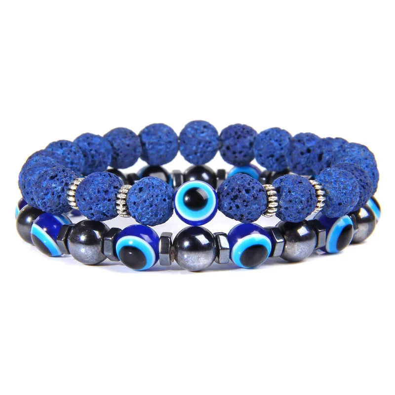 luckacco lucky evil eye beads bracelet natural stone lava hematite bracelet set multilayer bracelets women men handmade elastic jewelry