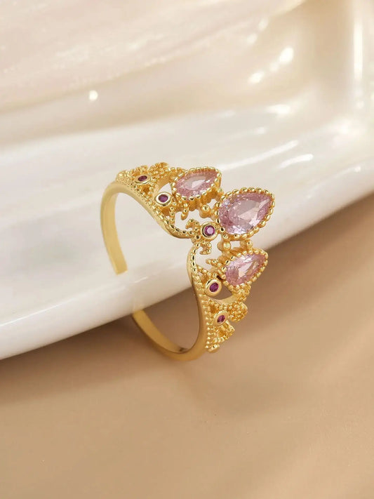 Luckacco Rapunzel Ring For Woman Fashion Wedding Party Jewelry Accessories Gold Plated Adjustable Powder Crystal Princess Crown Ring Gift
