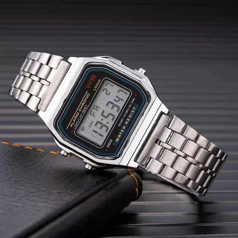 luckacco luxury gold silver sports military watches men women led digital wristwatches retro f91w steel band electronic watch wrist clock