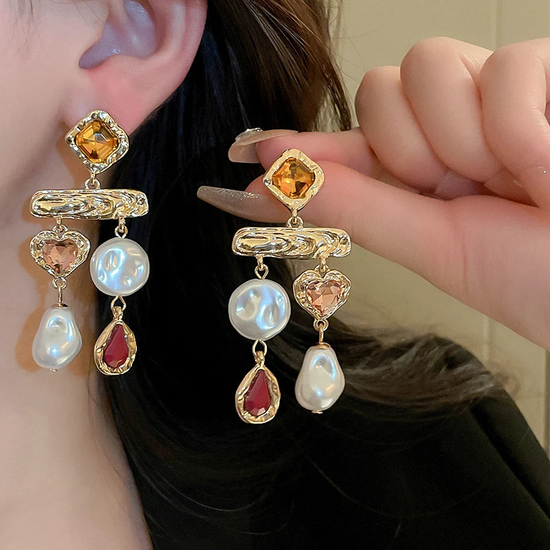 luckacco inlaid rhinestone asymmetrical pearl earrings for women palace style retro fringe drop earring exaggerated jewelry