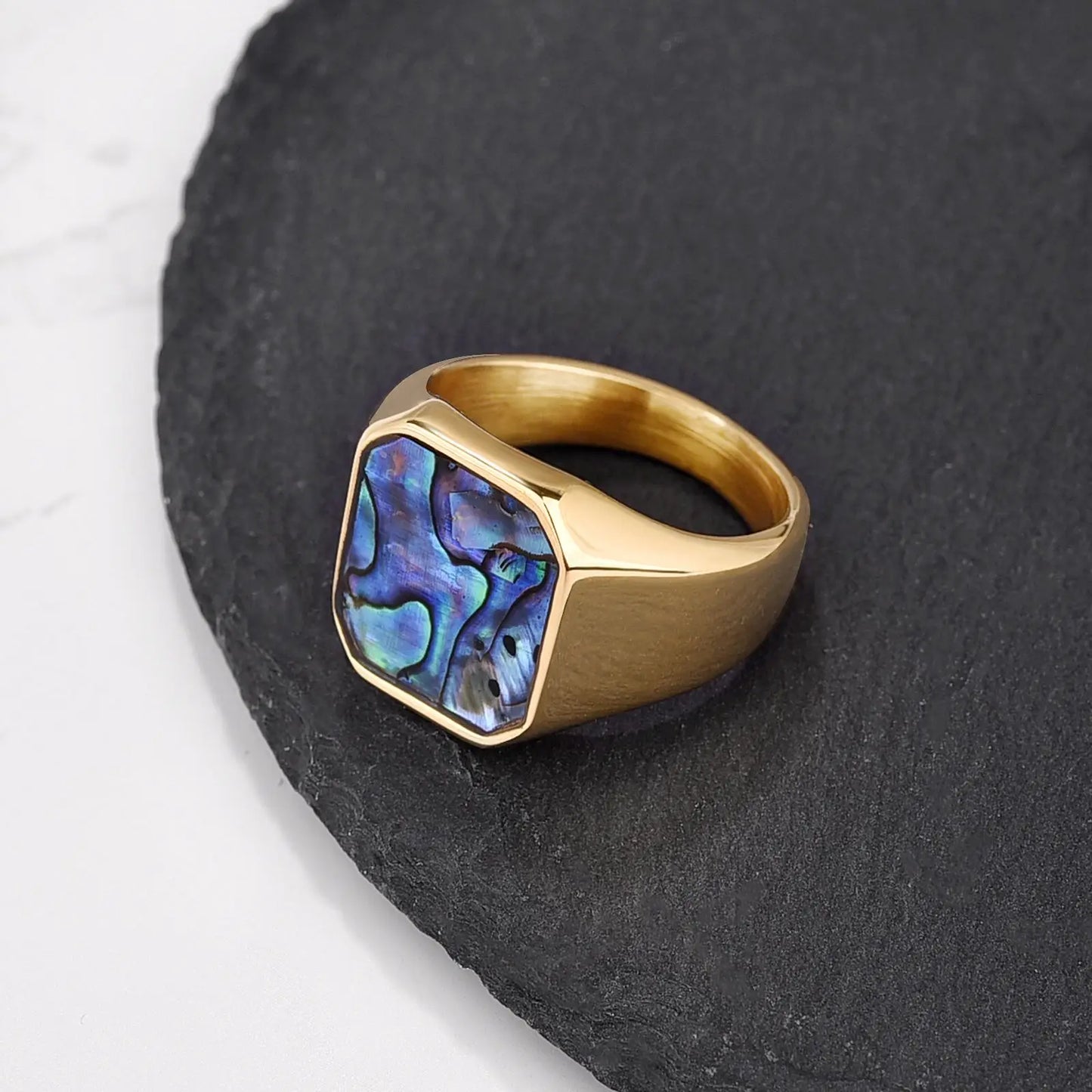 luckacco classic gold sliver color abalone shells finger ring men punk party smooth stainless steel rings male circular wedding ring gift
