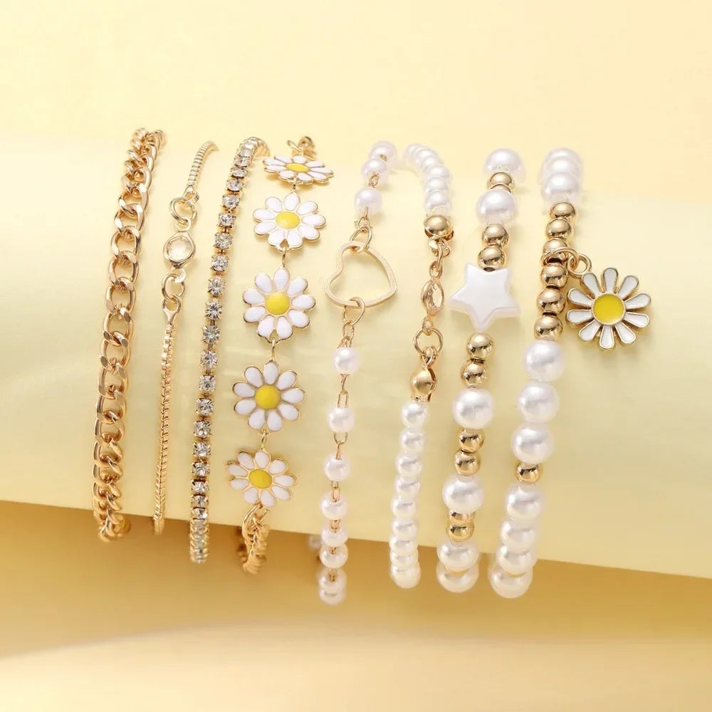 luckacco 5pcs set charm daisy flower pearl heart bracelet for women personality trendy multilayer gold color zircon jewelry set gift