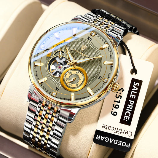 Luckacco POEDAGAR Luxury Man Wristwatch Top Automatic Mechanical Luminous Men Watch Hollow Tourbillon Stainless Steel Men's Watches Reloj