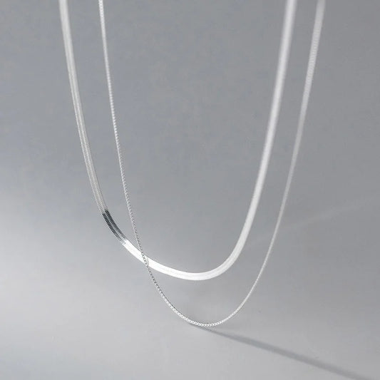 Luckacco 2023 S925 Silver Double Layer Box Chain Snake Clavicle Chain Necklace Female Fashion Hip-hop Retro Unique Design Fine Jewelry