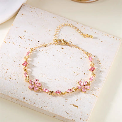 Luckacco Charm Red Crystal Zircon Flower Bracelet For Women Vintage Boho Full Rhinestone Flowers Bangles Girls Party Christmas Jewelry