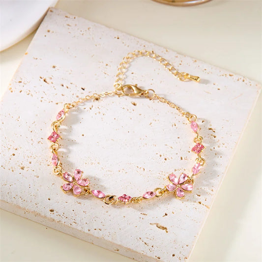 Luckacco Charm Red Crystal Zircon Flower Bracelet For Women Vintage Boho Full Rhinestone Flowers Bangles Girls Party Christmas Jewelry