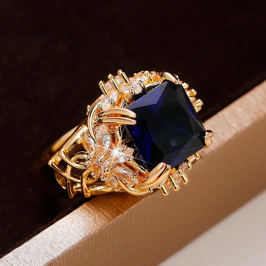 Luckacco daily picks Gorgeous Dark Blue CZ Female Ring Dazzling Flower Design Aesthetic Women Accessories Anniversary Party New 2025 Jewelry