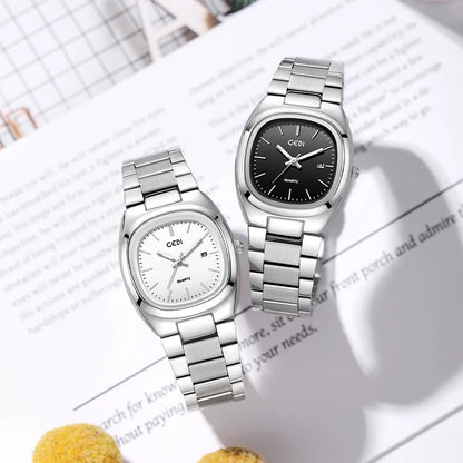 Luckacco Simple dual calendar women's watch high value solid steel waterproof watch ladies niche oval quartz watch