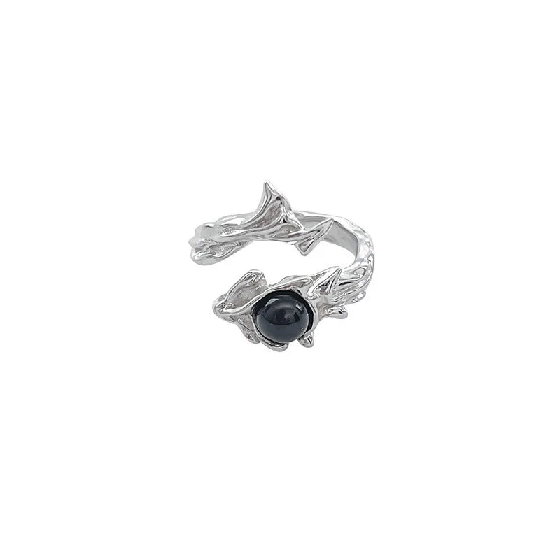 luckacco gothic irregular gemstone ring aesthetic girls adjustable black stone ring women's liquid punk ring vintage jewelry accessories