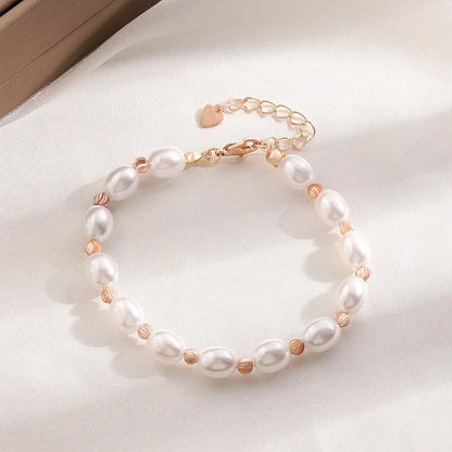 Luckacco Classic Baroque Ellipse Gold Color Pearl Beaded Bracelet Foe Women Charm Trendy Adjustable Bride Bangle Jewelry Accessory Gift