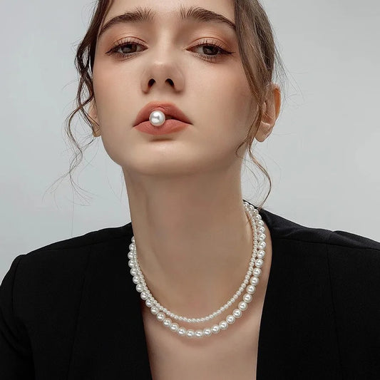 Luckacco Stacked Wearing Double-layered Pearl Necklace Women's Simple Design Clavicle Chains Elegant Short Choker Jewelry for Party