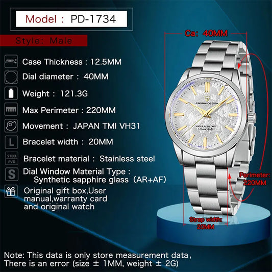 Luckacco PAGANI DESIGN 40mm Men's Watches Top Brand Waterproof Clock Quartz Wristwatch For Men Sapphire Glass Stainless Steel Chronograph