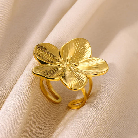 Luckacco Elegant Stainless Steel Big Bloom Flower Rings For Women Gold Color Sun Starfish Open Ring Finger Jewelry Wedding Her Gift Punk