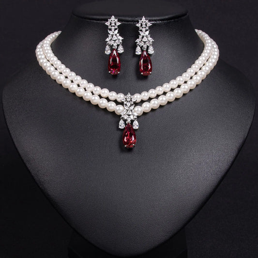 Luckacco Women's Light Luxury Design Imitation Pearl Water Droplet Necklace Earring Set Fashionable And Versatile Niche Design Sense Set