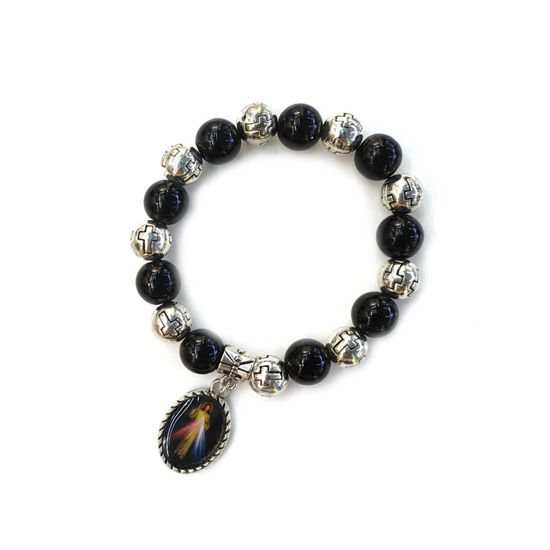 luckacco holy father mother pendant glass pearl beads strand elastic bracelet for men women religious jewelry