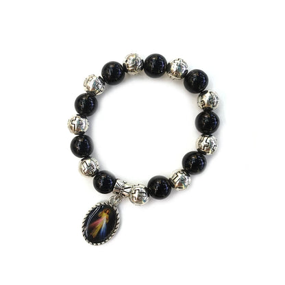 Luckacco Holy Father Mother Pendant Glass Pearl Beads Strand Elastic Bracelet For Men Women Religious Jewelry