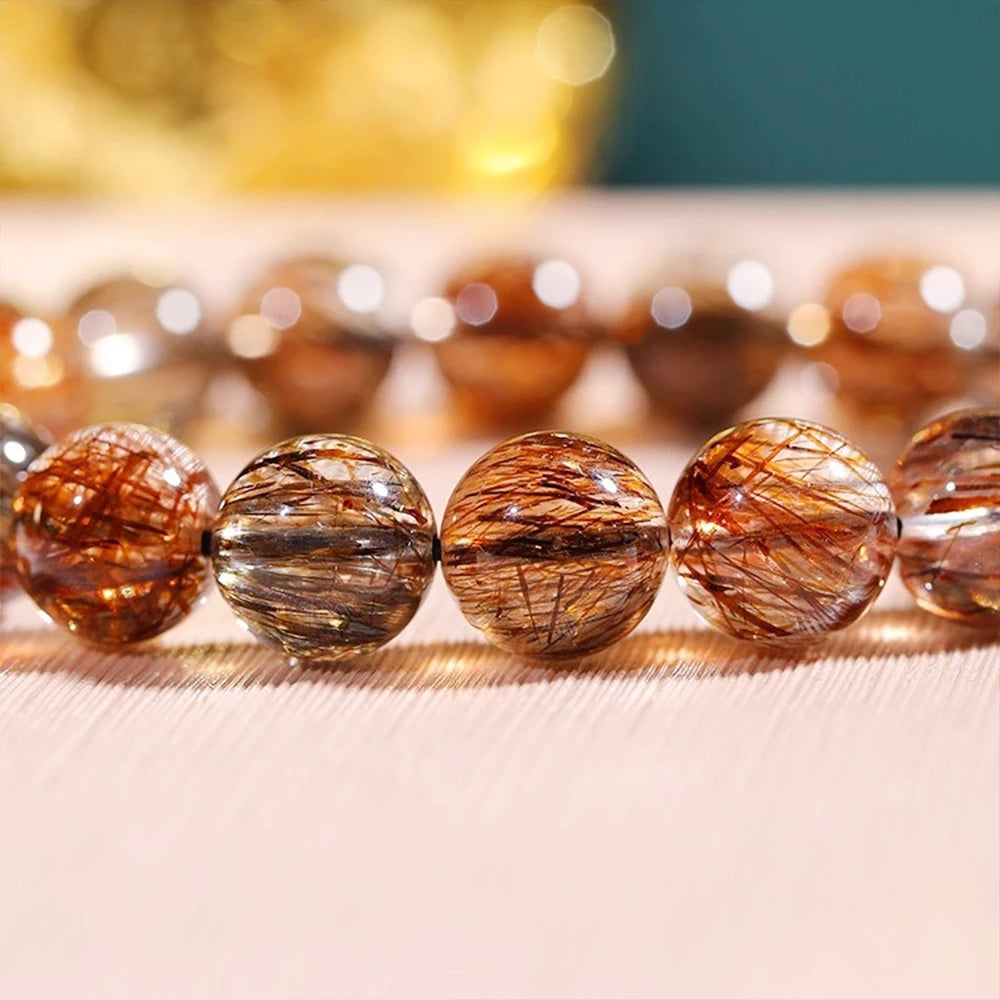 luckacco natural black golden super seven bracelet hair rutilated bracelet jewelry for woman crystal round beads stone stretch bracelet