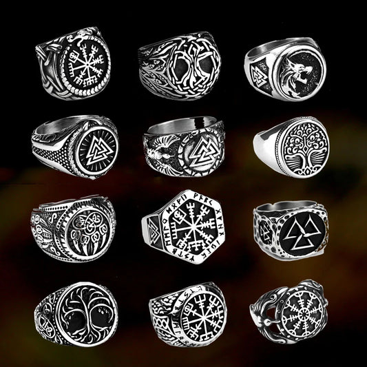 Luckacco Vintage Nordic Viking Ring Stainless Steel Men Ethnic Belief Odin Compass Valknut Tree of Life Ring Amulet Jewelry