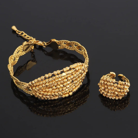 Luckacco Vintage Gold Color Middle East Women Jewelry Set Ethiopia Multi Layer And Multi Bead Design Bangle And Ring Wedding Easter Gift