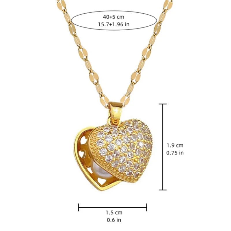 luckacco picks french shell pearl necklace for women gold color stainless steel zircon love heart clavicle chain choker wedding jewelry